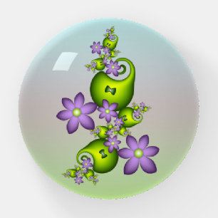 Floral Fantasy Lilac Flowers Green Shapes Fractal Paperweight
