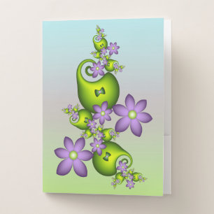Floral Fantasy Lilac Flowers Green Shapes Fractal Pocket Folder