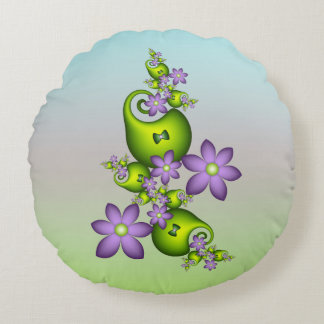 Floral Fantasy Lilac Flowers Green Shapes Fractal Round Pillow