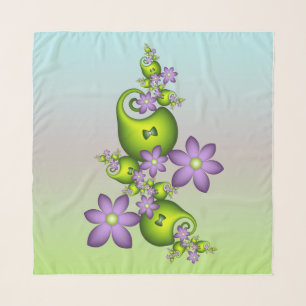 Floral Fantasy Lilac Flowers Green Shapes Fractal Scarf