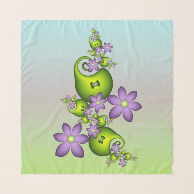 Floral Fantasy Lilac Flowers Green Shapes Fractal Scarf (Front)