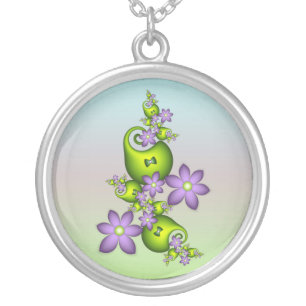 Floral Fantasy Lilac Flowers Green Shapes Fractal Silver Plated Necklace