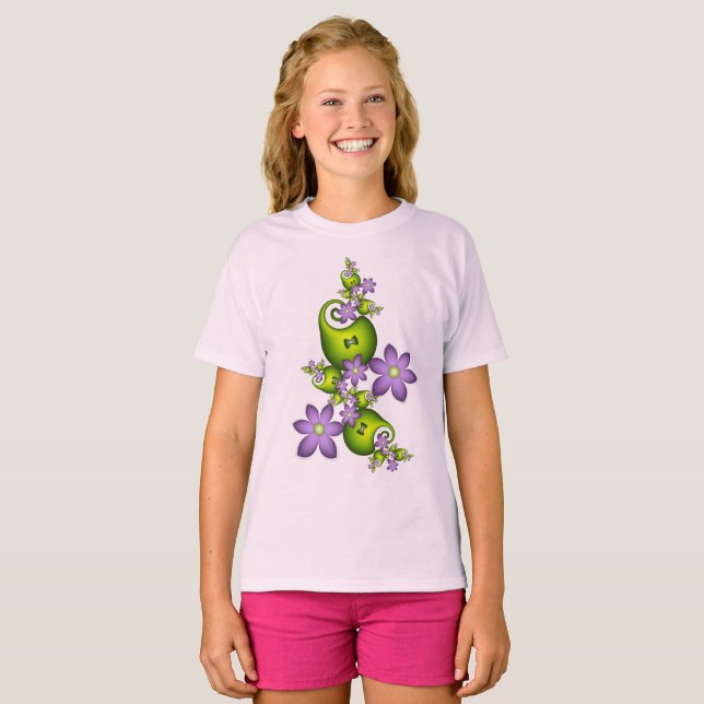 Floral Fantasy Lilac Flowers Green Shapes Fractal T-Shirt (Front Full)