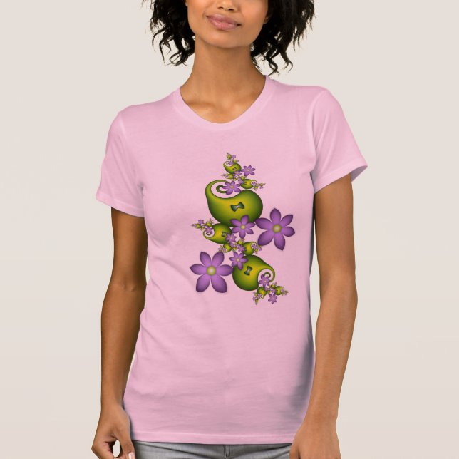Floral Fantasy Lilac Flowers Green Shapes Fractal T-Shirt (Front)