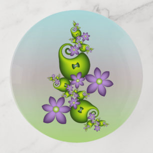 Floral Fantasy Lilac Flowers Green Shapes Fractal Trinket Tray