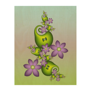 Floral Fantasy Lilac Flowers Green Shapes Fractal Wood Wall Art