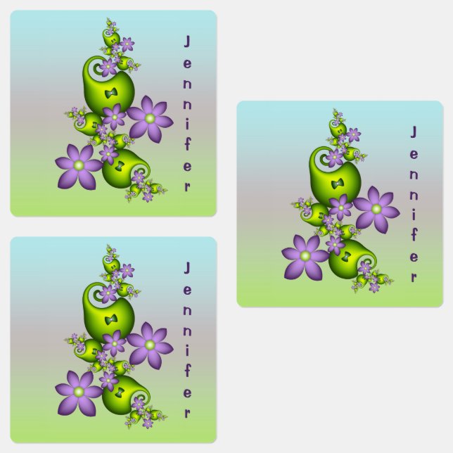 Floral Fantasy Lilac Flowers Green Shapes Own Name Labels (Group)