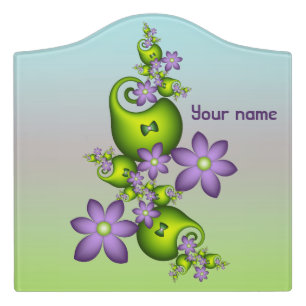Floral Fantasy Lilac Green Flowers Fractal Name Door Sign