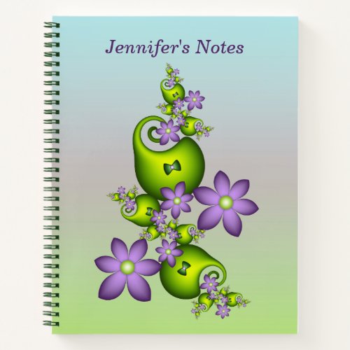 Floral Fantasy Lilac Green Flowers Fractal Name Notebook