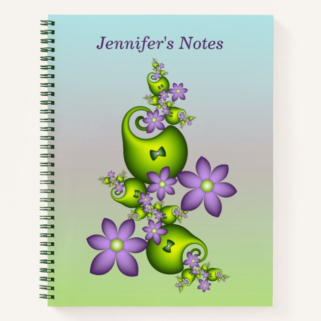 Floral Fantasy Lilac Green Flowers Fractal Name Notebook (Front)