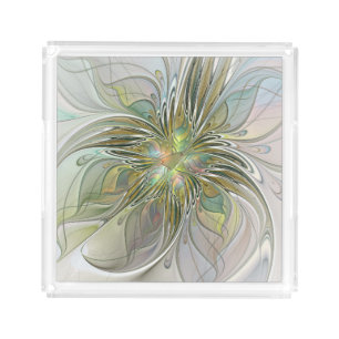 Floral Fantasy Modern Fractal Art Flower With Gold Acrylic Tray