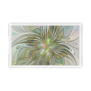 Floral Fantasy Modern Fractal Art Flower With Gold Acrylic Tray