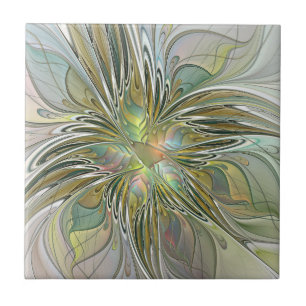 Floral Fantasy Modern Fractal Art Flower With Gold Ceramic Tile