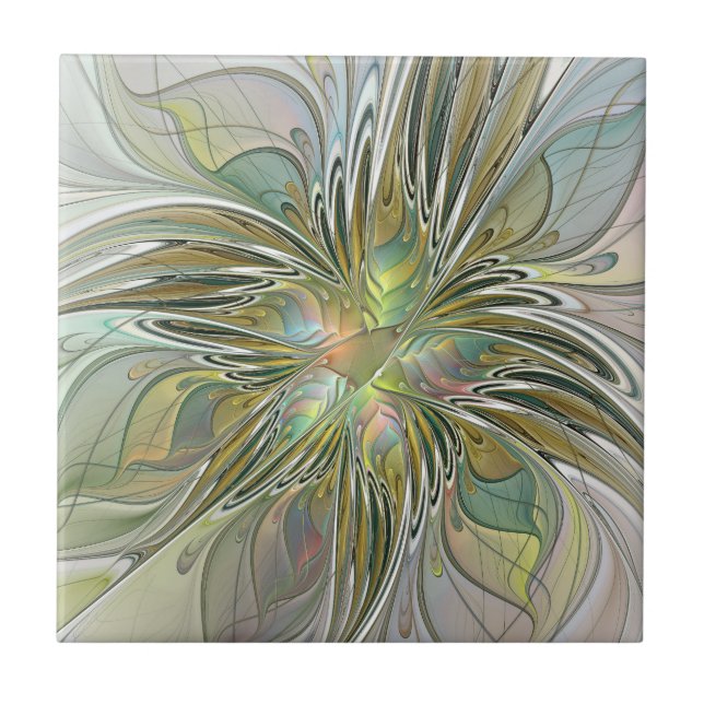 Floral Fantasy Modern Fractal Art Flower With Gold Ceramic Tile (Front)