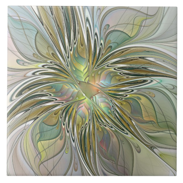 Floral Fantasy Modern Fractal Art Flower With Gold Ceramic Tile (Front)