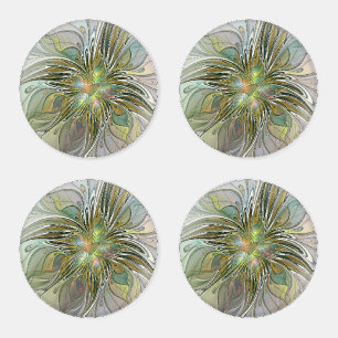 Floral Fantasy Modern Fractal Art Flower With Gold Coaster Set