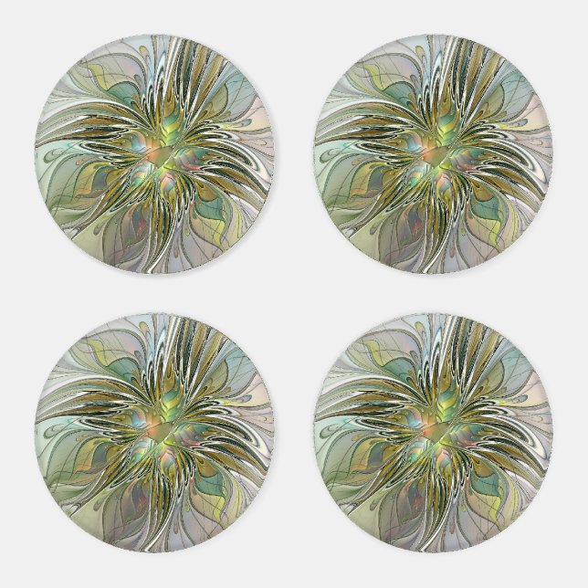 Floral Fantasy Modern Fractal Art Flower With Gold Coaster Set (Set)