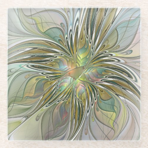 Floral Fantasy Modern Fractal Art Flower With Gold Glass Coaster