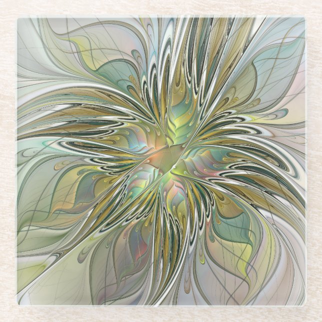 Floral Fantasy Modern Fractal Art Flower With Gold Glass Coaster (Front)