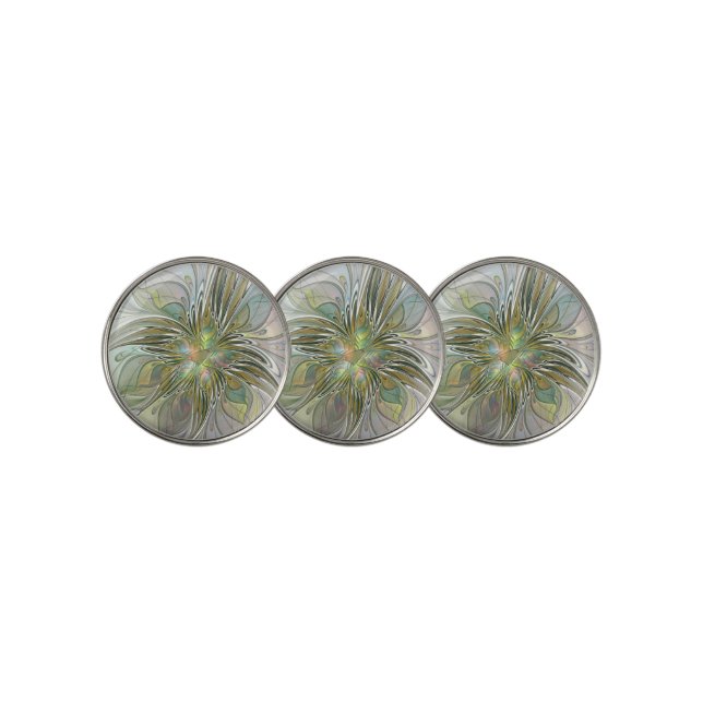 Floral Fantasy Modern Fractal Art Flower With Gold Golf Ball Marker (3 Up)