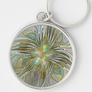 Floral Fantasy Modern Fractal Art Flower With Gold Keychain