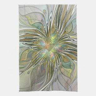 Floral Fantasy Modern Fractal Art Flower With Gold Kitchen Towel