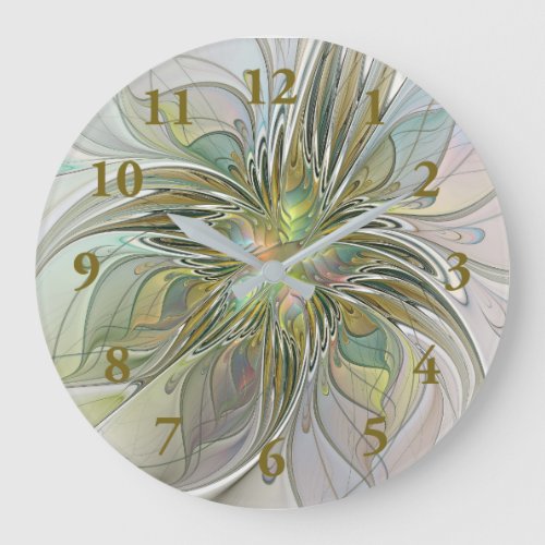 Floral Fantasy Modern Fractal Art Flower With Gold Large Clock