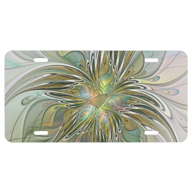 Floral Fantasy Modern Fractal Art Flower With Gold License Plate (Front)
