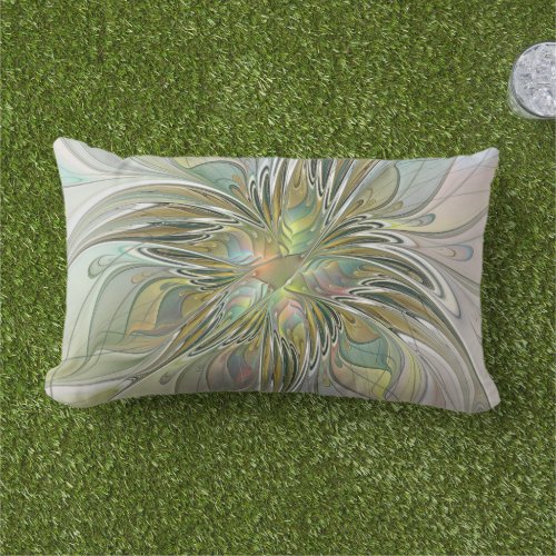 Floral Fantasy Modern Fractal Art Flower With Gold Lumbar Pillow