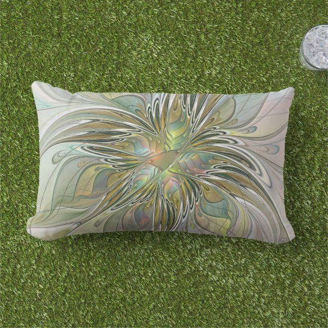 Floral Fantasy Modern Fractal Art Flower With Gold Lumbar Pillow (Grass)