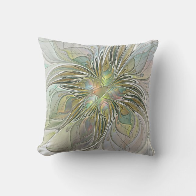 Floral Fantasy Modern Fractal Art Flower With Gold Outdoor Pillow (Front)