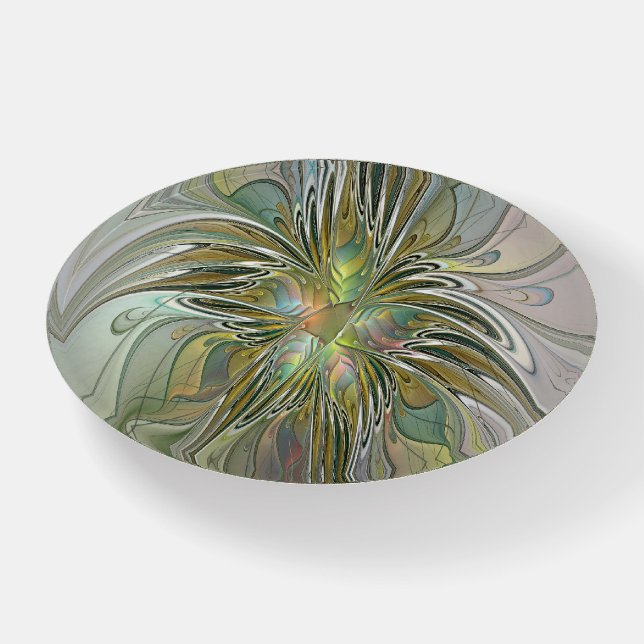 Floral Fantasy Modern Fractal Art Flower With Gold Paperweight (Front)