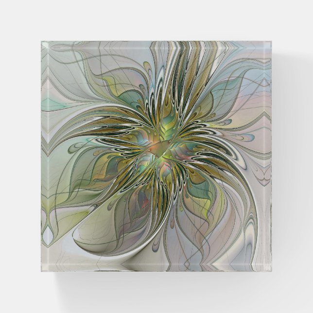 Floral Fantasy Modern Fractal Art Flower With Gold Paperweight (Front)