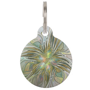 Floral Fantasy Modern Fractal Art Flower With Gold Pet ID Tag