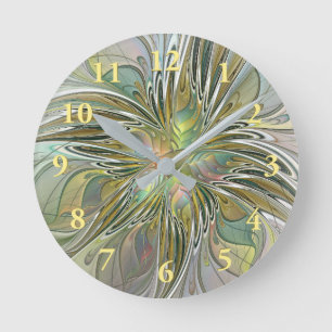 Floral Fantasy Modern Fractal Art Flower With Gold Round Clock