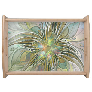 Floral Fantasy Modern Fractal Art Flower With Gold Serving Tray