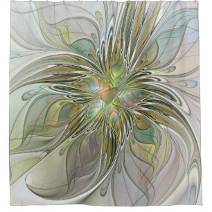 Floral Fantasy Modern Fractal Art Flower With Gold Shower Curtain