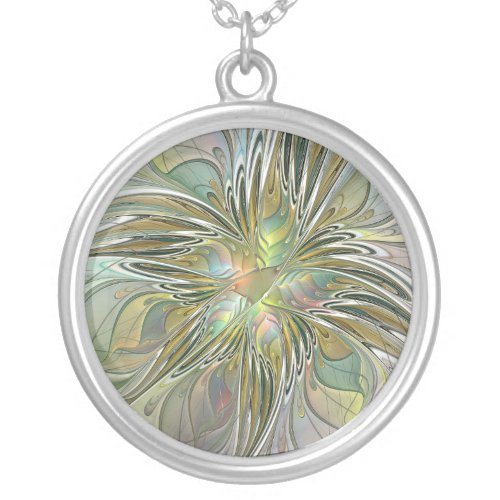 Floral Fantasy Modern Fractal Art Flower With Gold Silver Plated Necklace