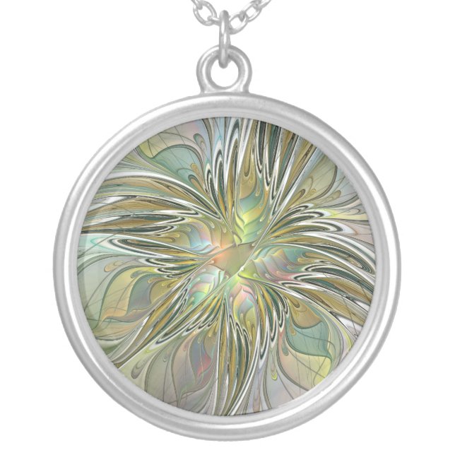 Floral Fantasy Modern Fractal Art Flower With Gold Silver Plated Necklace (Front)