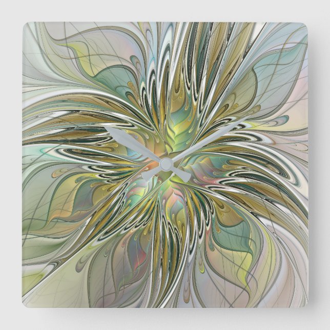 Floral Fantasy Modern Fractal Art Flower With Gold Square Wall Clock (Front)