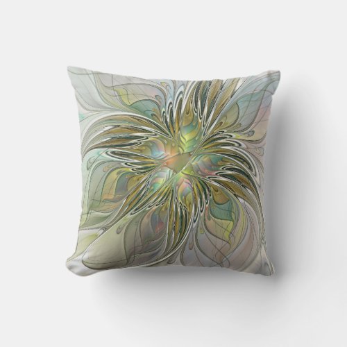 Floral Fantasy Modern Fractal Art Flower With Gold Throw Pillow