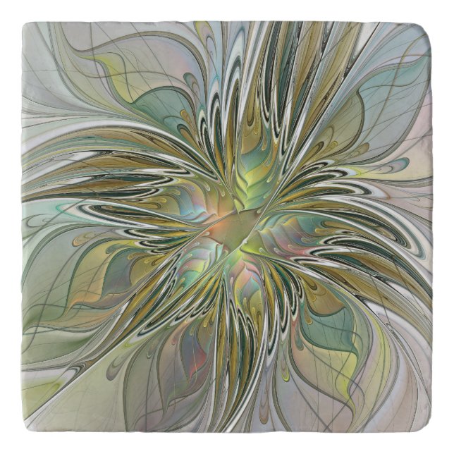 Floral Fantasy Modern Fractal Art Flower With Gold Trivet (Front)