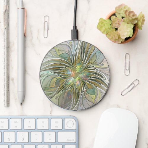 Floral Fantasy Modern Fractal Art Flower With Gold Wireless Charger