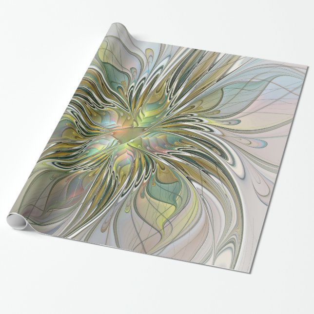 Floral Fantasy Modern Fractal Art Flower With Gold Wrapping Paper (Unrolled)