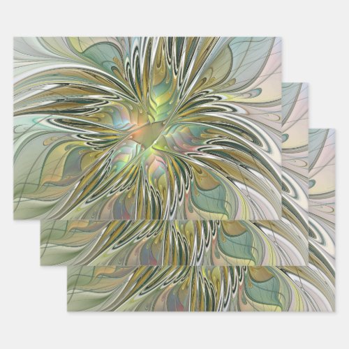 Floral Fantasy Modern Fractal Art Flower With Gold Wrapping Paper Sheets