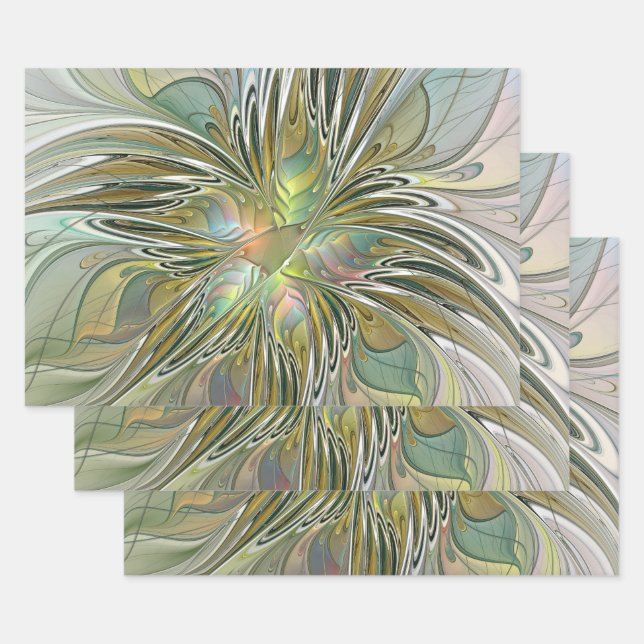 Floral Fantasy Modern Fractal Art Flower With Gold Wrapping Paper Sheets (Set)