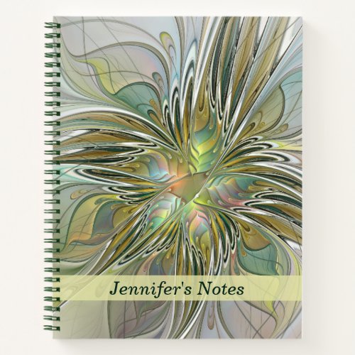 Floral Fantasy Modern Fractal Flower W Gold Name Notebook