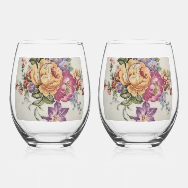 Floral Fantasy     Stemless Wine Glass (Front)