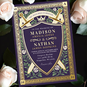 Floral Fantasy Swords Shield Monogram Wedding Foil Invitation