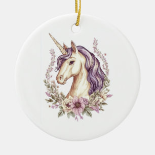 Floral Fantasy Unicorn (1) Ceramic Ornament